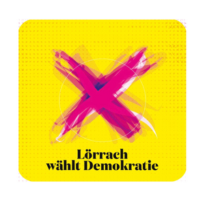 Logo: pinkfarbenes Kreuz auf gelbem Grund